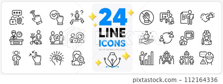 Icons set of Presentation time, Discrimination and Engineering team line icons pack for app with Love message, Business choice, Biometric security thin outline icon. Vaccination. Vector Icons set of Presentation time, Discrimination and Engineering team line icons pack for app with Love message, Business choice, Biometric security thin outline icon. Vaccination. Vector 112164336