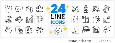 Icons set of Vaccination appointment, Employee result and Voicemail line icons pack for app with Leadership, Bid offer, Teamwork thin outline icon. Cyber attack, Touchscreen gesture. Vector Icons set of Vaccination appointment, Employee result and Voicemail line icons pack for app with Leadership, Bid offer, Teamwork thin outline icon. Cyber attack, Touchscreen gesture. Vector 112164340