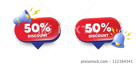 50 percent discount tag. Speech bubbles with 3d bell, megaphone. Sale offer price sign. Special offer symbol. Discount chat speech message. Red offer talk box. Vector 112164341
