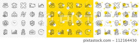 Outline Time, Face biometrics and Thunderstorm weather line icons pack for web with Dollar rate, Computer, Electricity factory line icon. Transform, Time change. Yellow design with 3d stars. Vector 112164430
