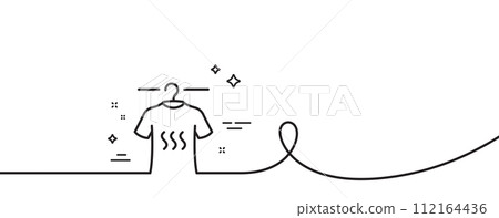 Dry t-shirt line icon. Continuous one line with curl. Laundry shirt sign. Clothing cleaner symbol. Dry t-shirt single outline ribbon. Loop curve pattern. Vector 112164436