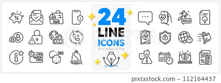 Icons set of Lock, Thumb down and Food delivery line icons pack for app with Shield, Cardio training, Auction hammer thin outline icon. Info, Warning, Quick tips pictogram. Credit card. Vector 112164437