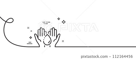 Moisturizing oil line icon. Continuous one line with curl. Skin care sign. Wash hands symbol. Wash hands single outline ribbon. Loop curve pattern. Vector Moisturizing oil line icon. Continuous one line with curl. Skin care sign. Wash hands symbol. Wash hands single outline ribbon. Loop curve pattern. Vector 112164456