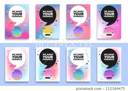 We want your feedback tag. Poster frame with quote. Survey or customer opinion sign. Client comment. Your feedback flyer message with comma. Gradient blur background posters. Vector 112164475