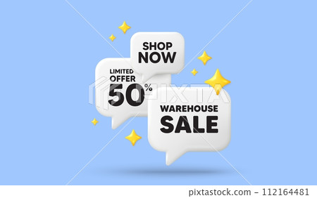 Warehouse sale tag. 3d offer chat speech bubbles. Special offer price sign. Advertising discounts symbol. Warehouse sale speech bubble 3d message. Talk box stars banner. Vector Warehouse sale tag. 3d offer chat speech bubbles. Special offer price sign. Advertising discounts symbol. Warehouse sale speech bubble 3d message. Talk box stars banner. Vector 112164481