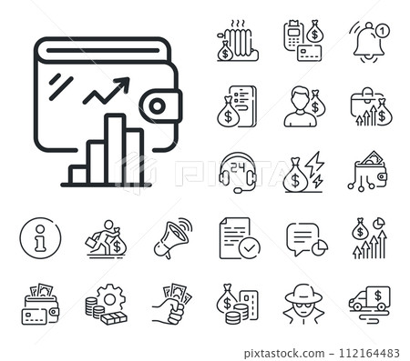 Money account statistics sign. Cash money, loan and mortgage outline icons. Wallet line icon. Cash budget symbol. Wallet line sign. Credit card, crypto wallet icon. Inflation, job salary. Vector 112164483