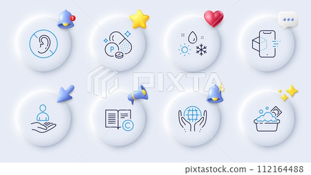 Organic tested, Copyright and Augmented reality line icons. Buttons with 3d bell, chat speech, cursor. Pack of No hearing, Launder money, Phosphorus mineral icon. Vector Organic tested, Copyright and Augmented reality line icons. Buttons with 3d bell, chat speech, cursor. Pack of No hearing, Launder money, Phosphorus mineral icon. Vector 112164488