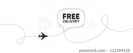 Free delivery tag. Plane travel path line banner. Shipping and cargo service message. Business order icon. Free delivery speech bubble message. Plane location route. Dashed line. Vector Free delivery tag. Plane travel path line banner. Shipping and cargo service message. Business order icon. Free delivery speech bubble message. Plane location route. Dashed line. Vector 112164526