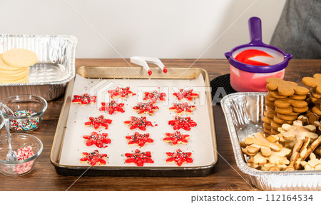 Vivid red star-shaped cookies, generously iced and speckled with green and white holiday sprinkles, freshly prepared and laid out to dry. 112164534