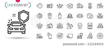 Pack of Puzzle options, Attention and Puzzle line icons. Include Buyers, Teamwork, Face biometrics pictogram icons. Product knowledge, Touchscreen gesture, Electric bike signs. Transform. Vector 112164553