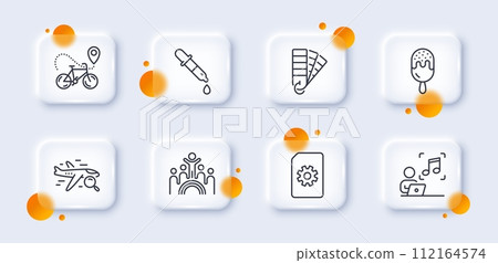 Music, Chemistry pipette and Inclusion line icons pack. 3d glass buttons with blurred circles. Bike delivery, File management, Palette web icon. Ice cream, Search flight pictogram. Vector 112164574