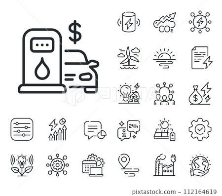 Gas station sign. Energy, Co2 exhaust and solar panel outline icons. Filling station line icon. Diesel or Petrol fuel symbol. Filling station line sign. Eco electric or wind power icon. Vector Gas station sign. Energy, Co2 exhaust and solar panel outline icons. Filling station line icon. Diesel or Petrol fuel symbol. Filling station line sign. Eco electric or wind power icon. Vector 112164619