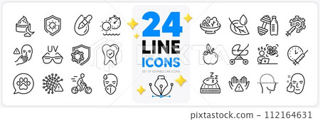 Icons set of Face scanning, Clean hands and Dumbbell line icons pack for app with Sick man, Leaf dew, Night cream thin outline icon. Dental insurance, Coronavirus, Pets care pictogram. Vector Icons set of Face scanning, Clean hands and Dumbbell line icons pack for app with Sick man, Leaf dew, Night cream thin outline icon. Dental insurance, Coronavirus, Pets care pictogram. Vector 112164631