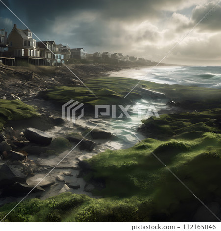 AI-generated content. A coastal scene of sea level rise where the ocean meets a shoreline bordered by houses. AI-generated content. A coastal scene of sea level rise where the ocean meets a shoreline bordered by houses. 112165046