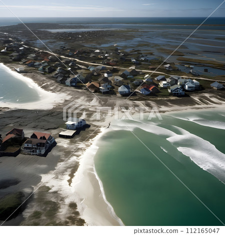 AI-generated content. An aerial photograph showing a coastal area, highlighting the effects of sea level rise which can be associated with global warming. AI-generated content. An aerial photograph showing a coastal area, highlighting the effects of sea level rise which can be associated with global warming. 112165047