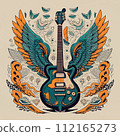 T-shirt design, an electric guitar in the middle, angel wings around it, colorful, pop art, vibrant, fashion, typography, conceptual art 112165273