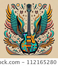 T-shirt design, an electric guitar in the middle, angel wings around it, colorful, pop art, vibrant, fashion, typography, conceptual art 112165280