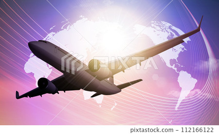 airplane flying against the sun 112166122