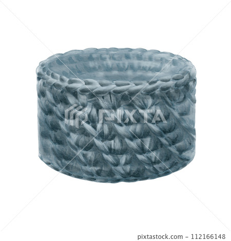 Yarn crocheted basket. Watercolor illustration for your designs, postcards, flyers, posters, business cards,For stickers, scrapbook, yarn or wool shop logos and banners. Yarn crocheted basket. Watercolor illustration for your designs, postcards, flyers, posters, business cards,For stickers, scrapbook, yarn or wool shop logos and banners. 112166148