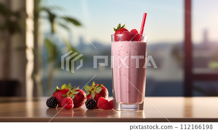 AI-generated content. A glass of fresh milk berry cocktail with cream, stands on the table indoors, at sunset AI-generated content. A glass of fresh milk berry cocktail with cream, stands on the table indoors, at sunset 112166198