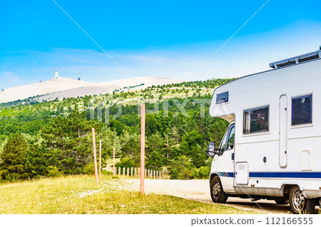 Caravan in mountains. Mont Ventoux in the distance. Provance 112166555