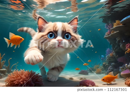 Cute little Ragdoll kitten swims in the sea underwater on the shore. Cute little Ragdoll kitten swims in the sea underwater on the shore. 112167301