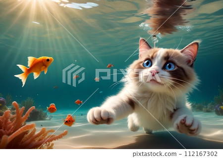 Cute little Ragdoll kitten swims in the sea underwater on the shore. 112167302