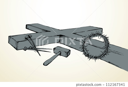 Wooden cross and iron nails. Vector drawing Wooden cross and iron nails. Vector drawing 112167341