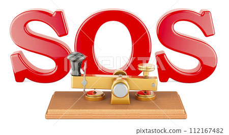 Telegraph, morse code telegraphy device. SOS message, concept. 3D rendering Telegraph, morse code telegraphy device. SOS message, concept. 3D rendering 112167482