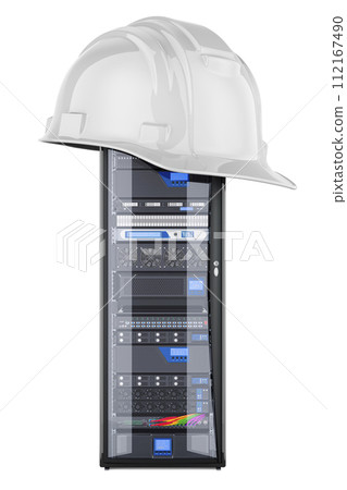 Computer Server Rack with hard hat. Service and maintenance, concept. 3D rendering Computer Server Rack with hard hat. Service and maintenance, concept. 3D rendering 112167490