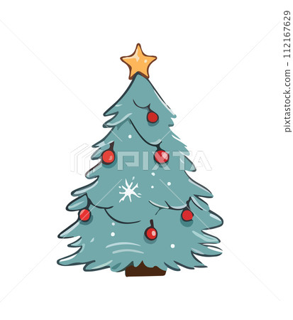 Vector illustration of decorated Christmas tree in snow on white background. Green fluffy xmas pine, isolated on white background. Cute Christmas tree in cartoon watercolor style. Vector illustration of decorated Christmas tree in snow on white background. Green fluffy xmas pine, isolated on white background. Cute Christmas tree in cartoon watercolor style. 112167629