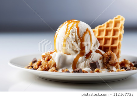 Stack of waffles drizzled with chocolate syrup and strawberries topping with vanilla ice cream 112167722