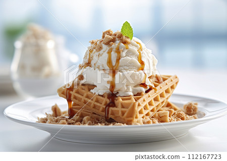 Stack of waffles drizzled with chocolate syrup and strawberries topping with vanilla ice cream 112167723