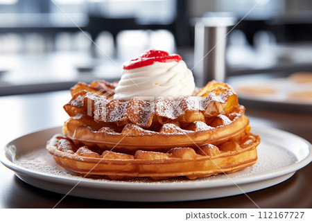 Stack of waffles drizzled with chocolate syrup and strawberries topping with vanilla ice cream 112167727