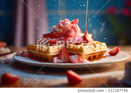 Stack of waffles drizzled with chocolate syrup and strawberries topping with vanilla ice cream 112167740