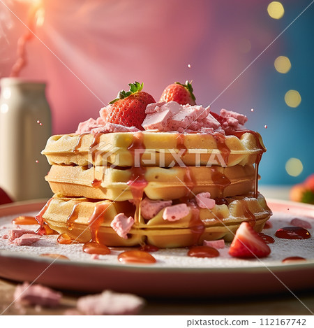 Stack of waffles drizzled with chocolate syrup and strawberries topping with vanilla ice cream 112167742