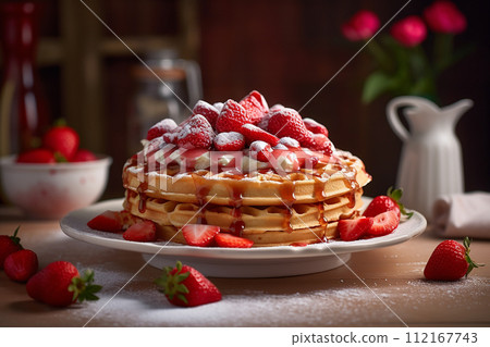 Stack of waffles drizzled with chocolate syrup and strawberries topping with vanilla ice cream Stack of waffles drizzled with chocolate syrup and strawberries topping with vanilla ice cream 112167743