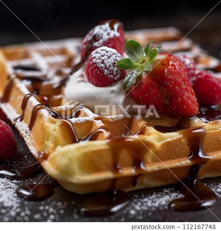 Stack of waffles drizzled with chocolate syrup and strawberries topping with vanilla ice cream 112167748