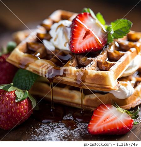 Stack of waffles drizzled with chocolate syrup and strawberries topping with vanilla ice cream 112167749