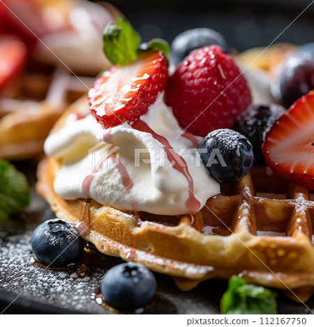 Stack of waffles drizzled with chocolate syrup and strawberries topping with vanilla ice cream 112167750