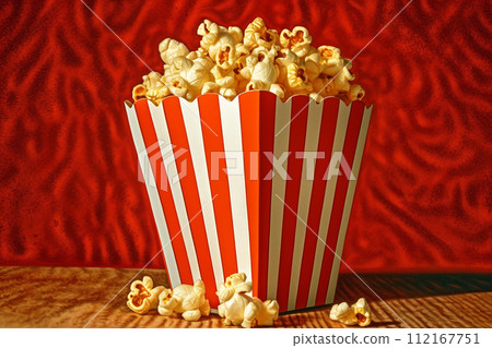 A large tub of popcorn for cinema, commercial on a stylized pop art style on blue background. 112167751