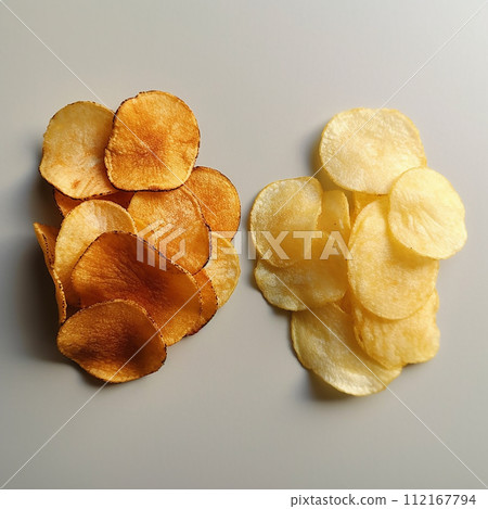 A pile of various crispy potato chips with salt, on upper view A pile of various crispy potato chips with salt, on upper view 112167794
