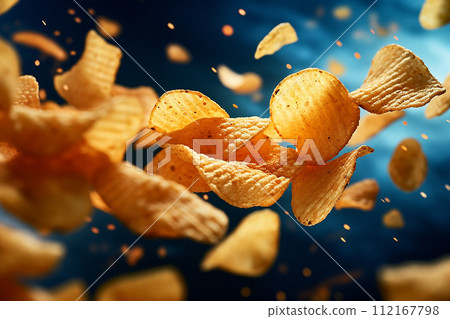 Crispy and crunchy golden potato chips on a bokeh light background. Crispy and crunchy golden potato chips on a bokeh light background. 112167798