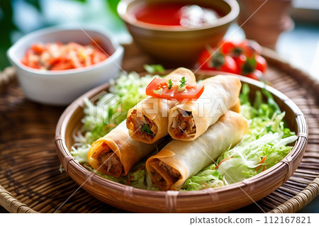 Delicious fried spring rolls served with fresh vegetables and dipping sauce. 112167821