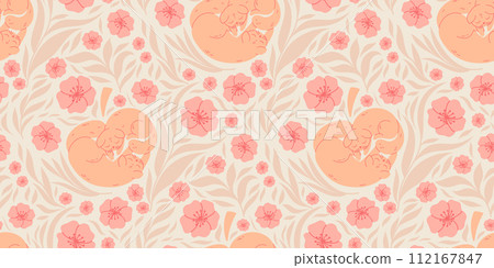 Seamless pattern with two cute cats, leaves and flowers in trendy peach color palette 112167847