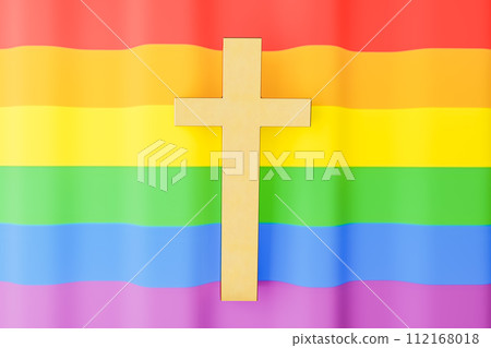 Cross against LGBT rainbow flag. 3d render Cross against LGBT rainbow flag. 3d render 112168018