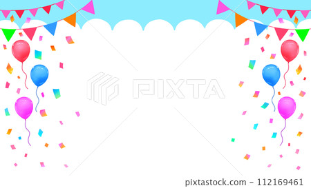 Event frame background blue sky, garland, balloons and confetti 16:9 Event frame background blue sky, garland, balloons and confetti 16:9 112169461