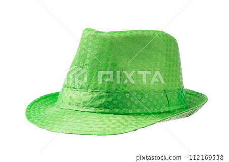 Green hat for musical performance, in sequins on isolated white background closeup. Side view. Green hat for musical performance, in sequins on isolated white background closeup. Side view. 112169538