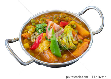 Asian Indian dish mix vegetable curry on white isolated background. 112169540