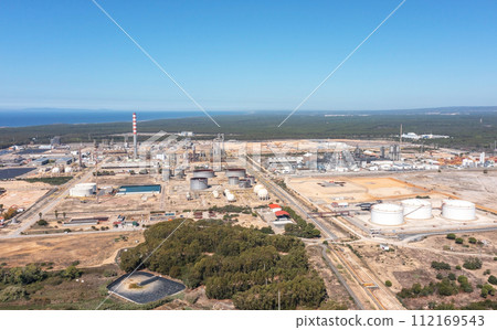 Portugal Sines oil terminal storage tanks, aerial view, oil and gas storage tanks, oil refinery chemical products. 112169543